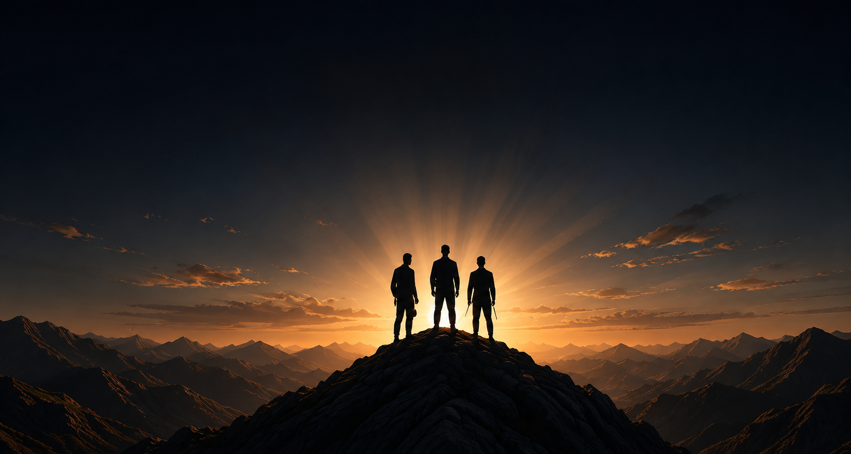 Three business professionals standing together on a mountain summit at sunrise